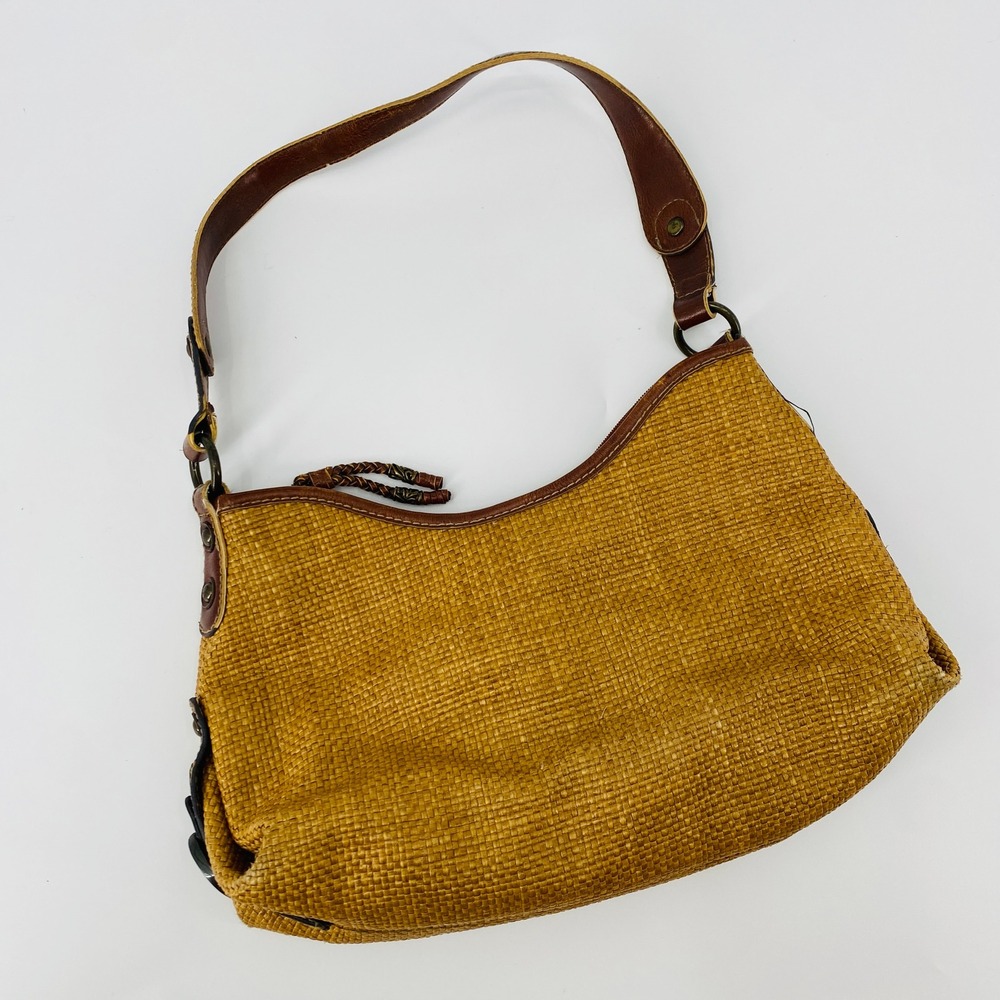 Y2K Fossil Shoulder Bag Womens Medium Tan Woven Straw Leather‎ Trim